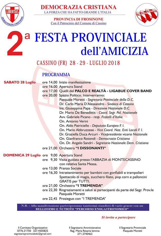 28 – 29 luglio 2018 (CASSINO/FR) – 2° FESTA PROVINCIALE DELL’AMICIZIA D.C.