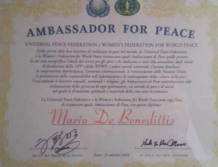Il Comm. Mario De Benedittis (Roma) insignito del titolo di ambasciatore di pace nel mondo.
