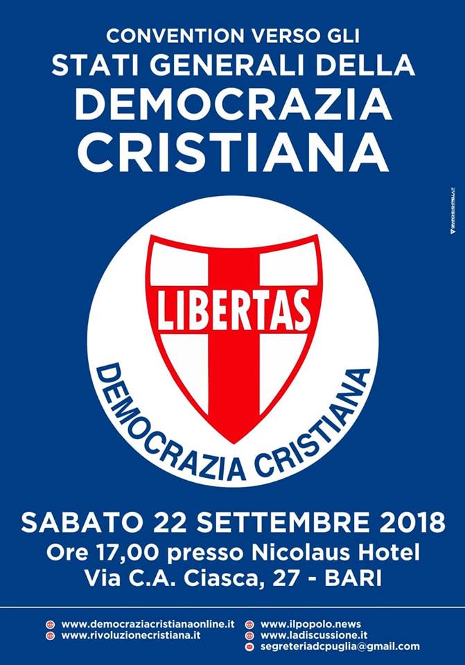 Tutto è pronto per la convention della Democrazia Cristiana pugliese che avrà luogo a Bari – Nicolaus Hotel – sabato 22 settembre – ore 17.00