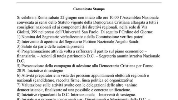 Verso la Direzione Nazionale della Democrazia Cristiana (sabato 22 giugno 2019 – ore 10 – Via Giovanni Giolitti n. 339 – a Roma)