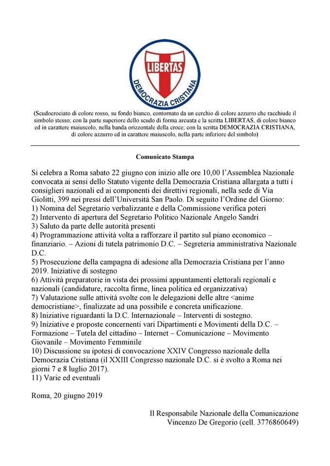 Verso la Direzione Nazionale della Democrazia Cristiana (sabato 22 giugno 2019 – ore 10 – Via Giovanni Giolitti n. 339 – a Roma)