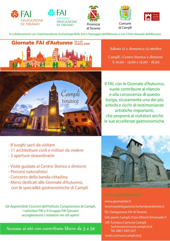 SABATO 12 E DOMENICA 13 OTTOBRE 2019 IMPORTANTE INIZIATIVA DEL FAI: “CAMPLI RINASCE”.