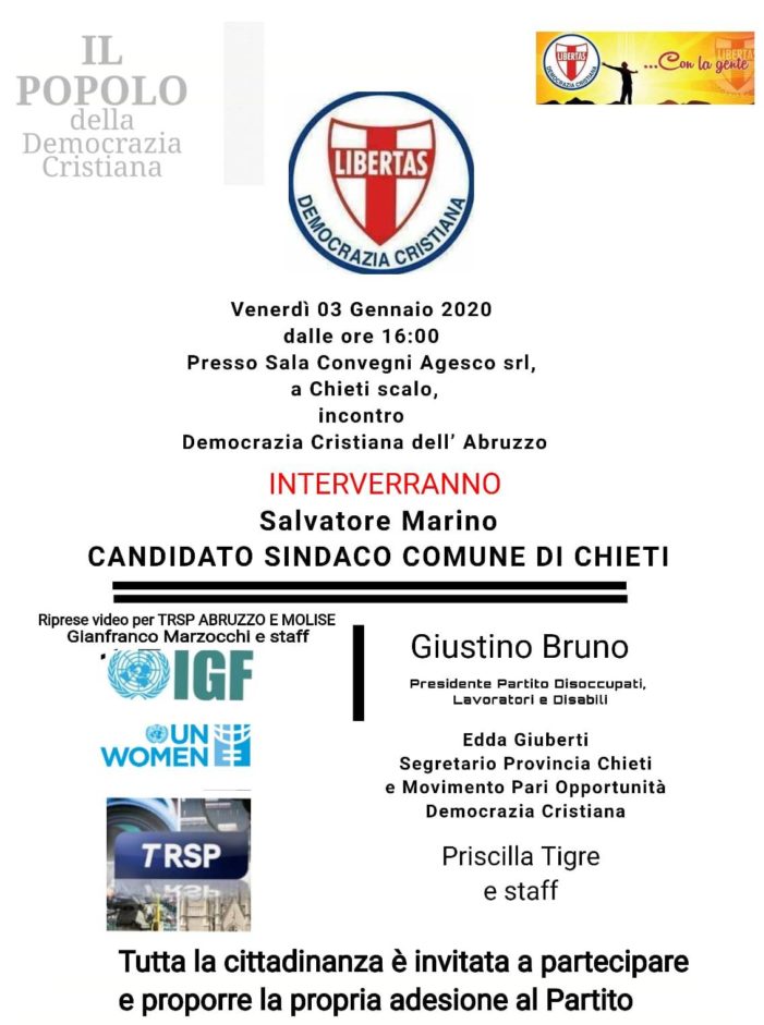 Prosegue intensa l’attività della D.C. a Chieti coordinata dal Segretario comunale per l’organizzazione e lo sviluppo della Democrazia Cristiana di Chieti Salvatore Marino