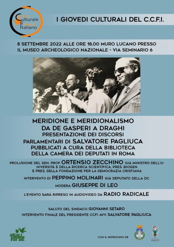 Un convegno di grande attualità a Muro Lucano (PZ) sul tema: “Meridione e Meridionalismo, da De Gasperi a Draghi”.