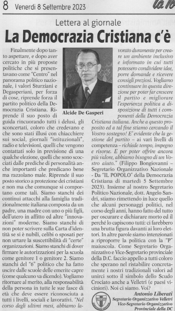 LA DEMOCRAZIA CRISTIANA DELLA PROVINCIA DI ROMA STA “SCALDANDO I MOTORI” IN VISTA DEL XXV° CONGRESSO PROVINCIALE DEL PARTITO DELLO SCUDO CROCIATO