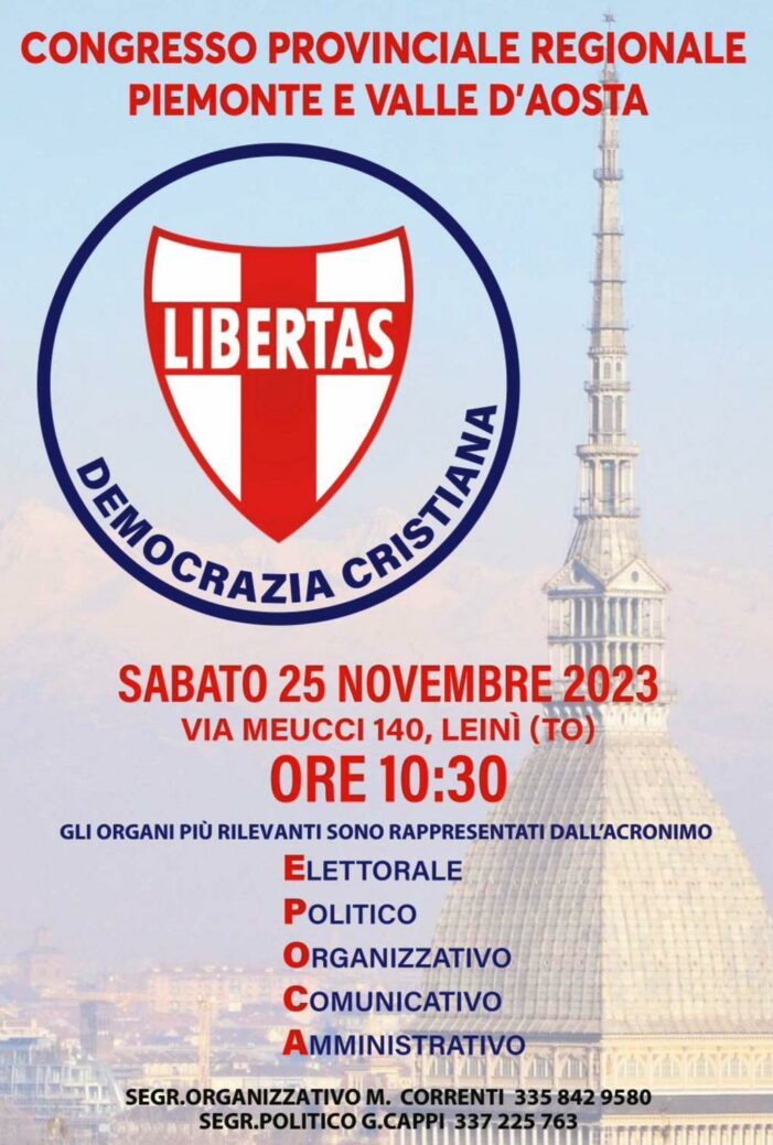 SI INTENSIFICA L’ATTIVITA’ DELLA D.C. NELLE VARIE REGIONI D’ITALIA IN VISTA DEL XXIV CONGRESSO NAZIONALE DELLA DEMOCRAZIA CRISTIANA CHE AVRA’ LUOGO A ROMA (CENTRO CONGRESSI CASA TRA NOI) IN DATA 15 E 16 DICEMBRE 2023