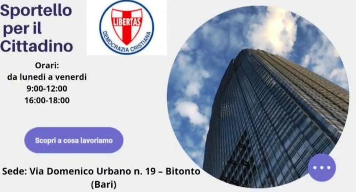 L’ORARIO DI APERTURA DELLO SPORTELLO DEL CITTADINO D.C. A BITONTO: PER ESSERE IL PIU’ POSSIBILE A SERVIZIO DEI CITTADINI !