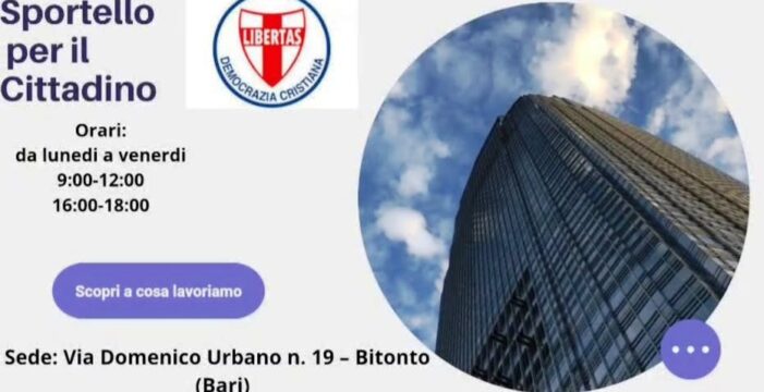 L’ORARIO DI APERTURA DELLO SPORTELLO DEL CITTADINO D.C. A BITONTO: PER ESSERE IL PIU’ POSSIBILE A SERVIZIO DEI CITTADINI !